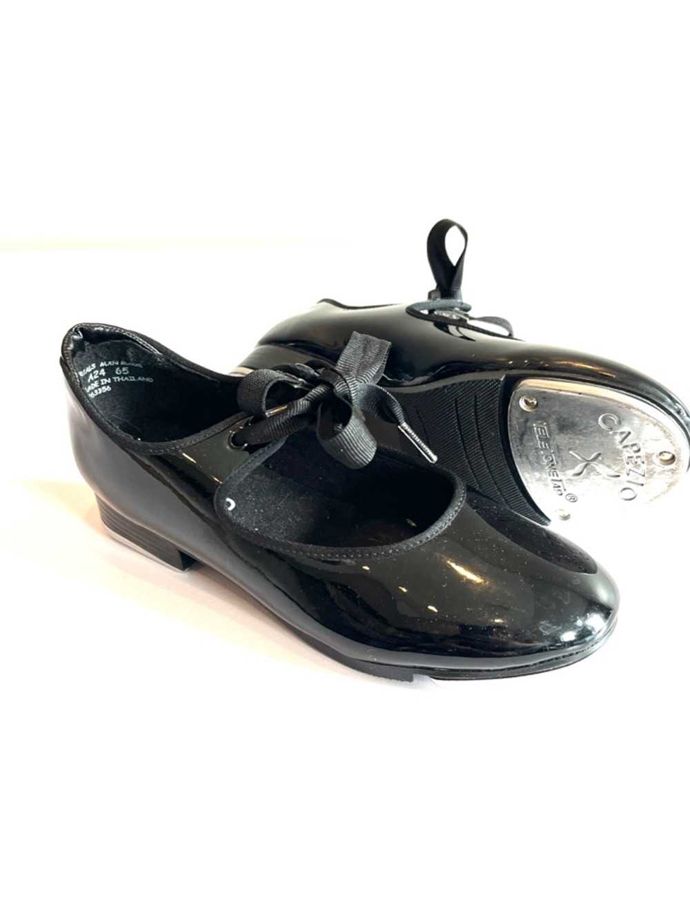 Capezio tap shoes black shiny patent 5M jr women dance ribbon tie tele tone